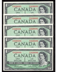 5 x Canada 1954 $1 consecutive notes Beattie Rasminsky F/P3226689-93 CH UNC