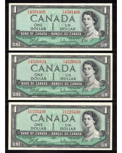3 x Canada 1954 $1 banknotes Beattie Rasminsky all 3 have Prefix T/O Choice UNC