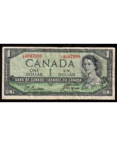1954 Canada $1 devils face banknote Beattie Coyne L/A 4047996 VG/F