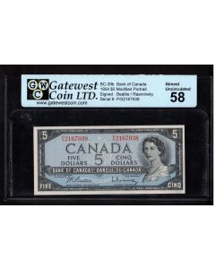 1954 Canada $5 banknote Beattie Rasminsky P/S 2167938 GATEWEST AU58