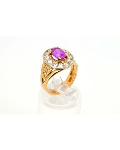 18K Gold Oval Pink Sapphire Ring 2.30 CT Diamond Halo 0.84 CTW Size 6