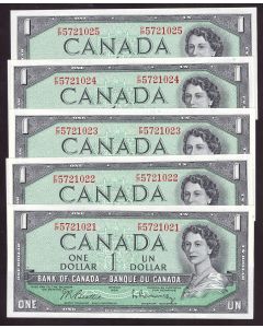 5x Canada 1954 $1 consecutive notes BC37b-i F/P5721021-25 GEM UNC EPQ