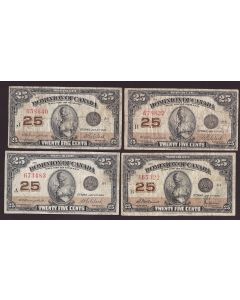 4x 1923 Canada 25 cents banknotes 4-notes VG-F