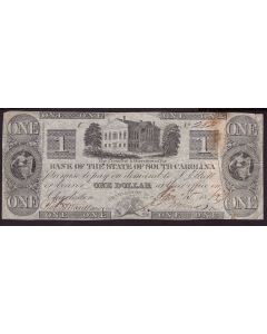 Bank of the State of South Carolina $1 banknote 1863 torn with 1800s repair