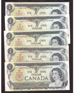 5x 1973 Canada $1 replacement notes 2x*A/A EF   *F/A EF   2x*A/N  F + VF