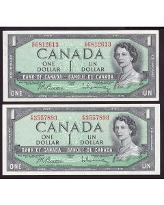 2x 1954 Canada $1 banknotes Beattie Rasminsky F/P3557893 F/P6812613 EF/AU