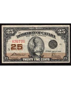 1923 Canada 25 Cent banknote McCavour Saunders 476731 DC-25c VF+