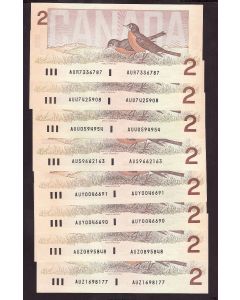 8x 1986 Canada $2 Thiessen Crow AUR AUS AUU AUY AUZ  8-banknotes UNC+