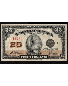 1923 Canada 25 Cent banknote McCavour Saunders 442811 DC-25c VF