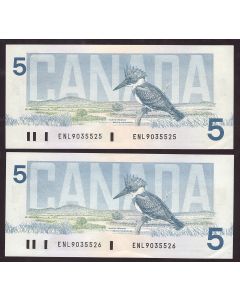 2x 1986 Canada $5 consecutive note Crow Bouey ENL9035525-26 BC-56a AU/UNC