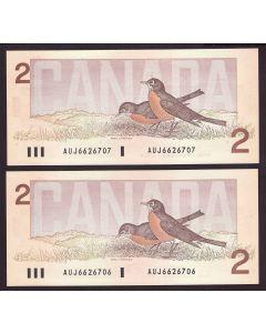 2x 1986 Canada $2 consecutive notes Crow Bouey AUJ6626706-7 BC55a CH UNC