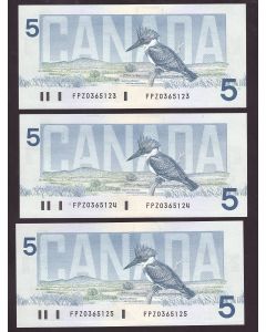 3x 1986 Canada $5 consecutive banknotes Theissen Crow FPZ0365123-25 CH UNC