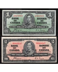 2x 1937 Canada banknotes $1 X/M9433951 & $2 B/R6809147 Coyne Towers VF+