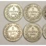 10x Netherlands 5 Cents silver coins 6x1850 1x1855 3x1869 10-coins 