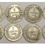 10x Netherlands 5 Cents silver coins 6x1850 1x1855 3x1869 10-coins 