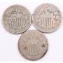 3x Shield nickels 1868 1869 and unknown 
