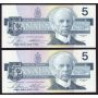 2x 1986 Canada $5 dollar consecutive banknotes UNC63