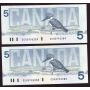 2x 1986 Canada $5 dollar consecutive banknotes UNC63