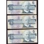 3x 1986 Canada $5 replacement notes