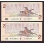2X 1986 Canada $2 consecutive notes Crow Bouey AUJ9282735-36b CH UNC+