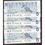4x 1986 Canada $5 consecutive notes Bonin Thiessen GPN 1485884-87 CH UNC