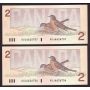 2x 1986 Canada $2 consecutive notes Crow Bouey AUJ6626706-7 BC55a CH UNC