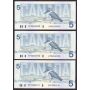 3x 1986 Canada $5 consecutive notes Crow Bouey BBPN EPC2338721-23 CH UNC
