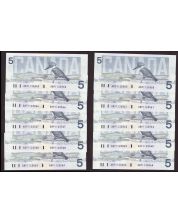 10x 1986 Canada $5 consecutive notes Knight Theissen ANP1125560-69 CH UNC