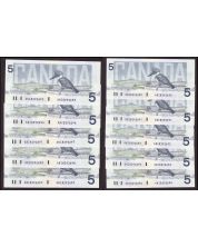 10x 1986 Canada $5 consecutive notes Knight Theissen ANI 8292690-99 CH UNC