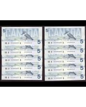 10x 1986 Canada $5 consecutive notes Bonin Thiessen GPS 3853229-38 CH UNC