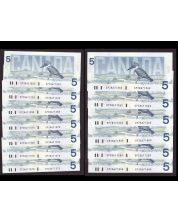 13x 1986 Canada $5 notes Knight Dodge Kingfisher 13-notes all GPZ  UNC+