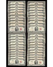 42 x 1963 USA $2 RED SEAL banknotes 42-notes circulated and/or damaged