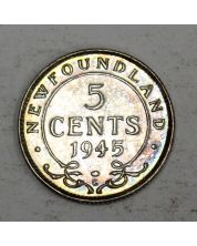 Newfoundland 5 cents silver 1945 choice AU58