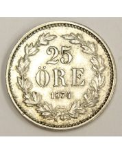 1874 ST Sweden 25 Ore silver coin KM738 EF40