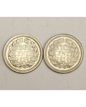 1918 and 1919 Netherlands 10 cents 2-coins EF