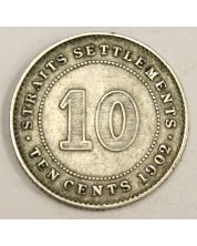 1902 Straits Settlements 10 Cents silver coin F12