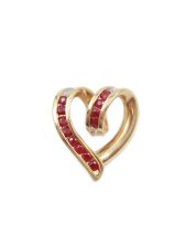 14 Karat Yellow and White Gold Diamond and Ruby Heart Shaped Pendant