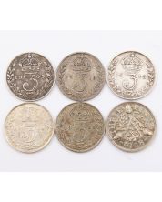 Great Britain Three Pence 3d 1905 1912 1913 1919 1926 1928 