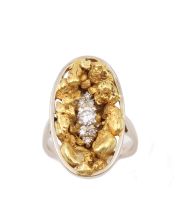 Gold Nuggets Diamonds 10K white gold ring  