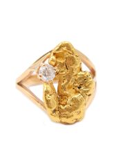 Placer Gold Nugget 0.25ct Diamond 14K yellow gold ring