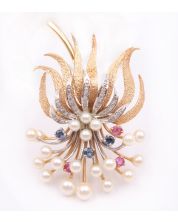 14K yg Brooch Blossom spray Akoya pearls diamonds rubies sapphires 