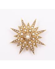 Seed Pearl Sun Burst Brooch 14K 