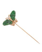 18K Gold Lapel Pin Burmese Jade and Diamonds Butterfly