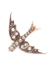 Victorian 14K yg Brooch Swallow in Flight Diamonds Seed Pearls Garnets