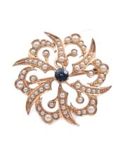 c1890 Sapphire & Seed Pearl 14K yg Brooch 30.0mm 6.4 grams 