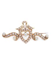 c1900 Seed Pearl 14K yg Brooch Heart & Ribbons