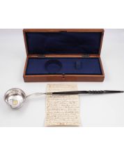 1762 1/4 Guinea gold coin 925 silver ladle baleen original box & period notes 