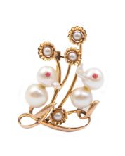 c1950 14k yg Duck brooch pearls faceted rubies 