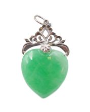 Heart shaped Burmese Jade pendant Rhodium plated 10k gold 