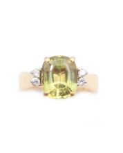 3.0ct Peridot 4x .03ct Diamonds 14K yg ring 